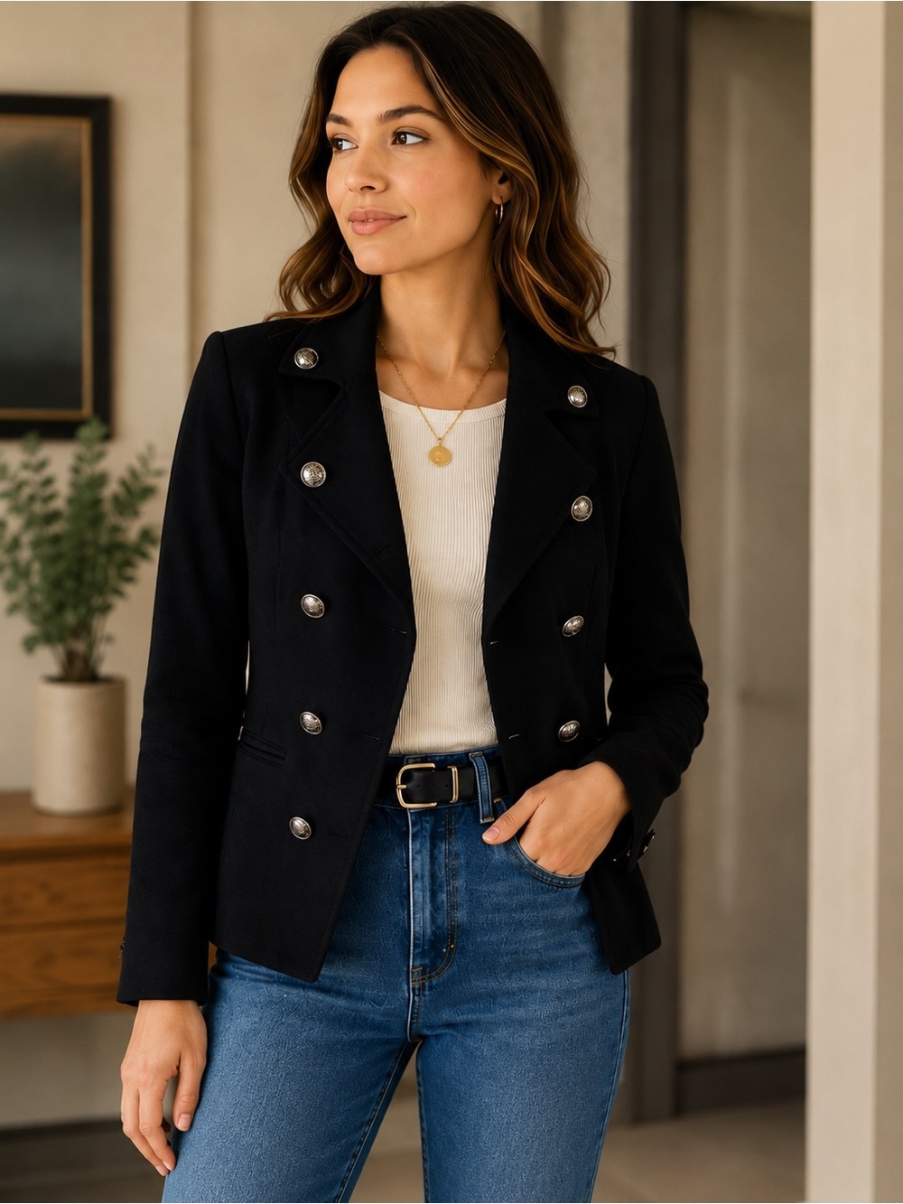 Vintage Military Blazer Jacket Romeo & Juliet Couture Black Medium Crest Buttons